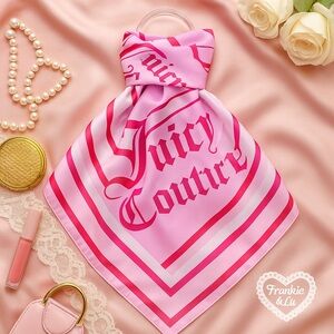 Juicy Couture Pink Logo Scarf • Satin Square Bandana • Hot Pink Script Print NWT